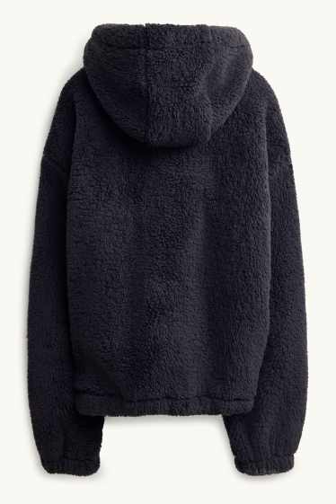 Damen - Teddy-Jacke mit Kapuze - schwarz