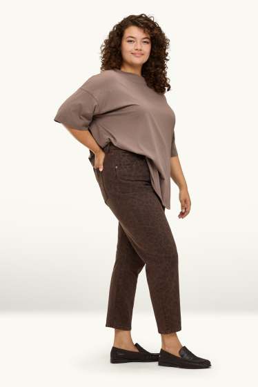 Femei - Mom jeans - talie înaltă - LYCRA ® - imprimeu de leopard - maro închis