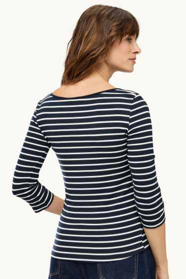 Femmes - Haut à manches longues - slim fit - finition côtelée - à rayures - bleu foncé / blanc