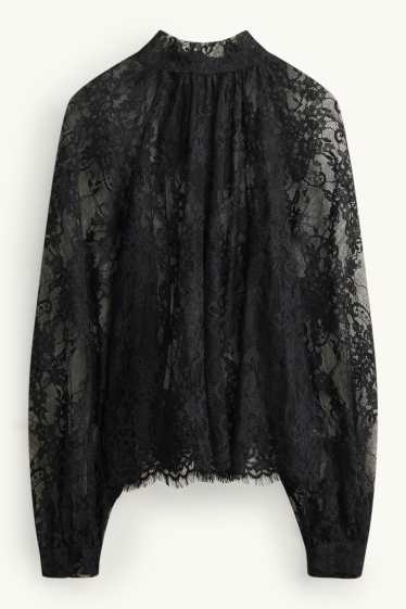 Dames - Blouse van kant, met drapering - zwart
