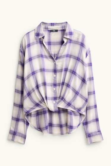 Dames - Overhemdblouse - geruit - paars / wit