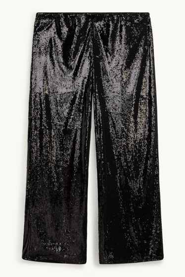 Dámské - Pajetkové kalhoty - high waist - wide leg - černá