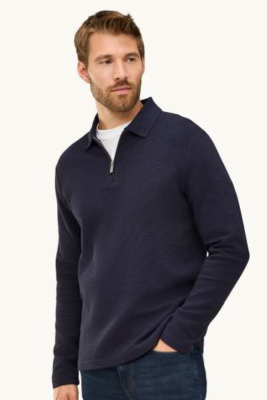 Men - Long sleeve polo shirt - regular fit - ribbed - dark blue