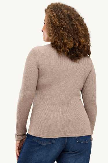 Women - Turtleneck top - ribbed - light brown