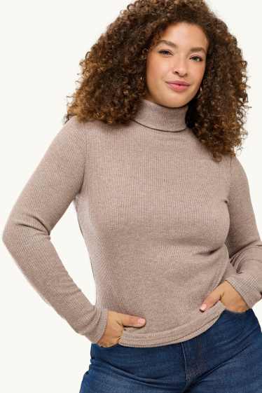 Women - Turtleneck top - ribbed - light brown