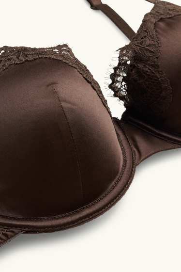 Femei - Sutien din satin cu armătură - DEMI - vătuit - maro închis