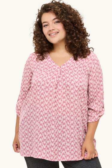 Dames - Blouse met V-hals - met patroon - fuchsiarood / roze
