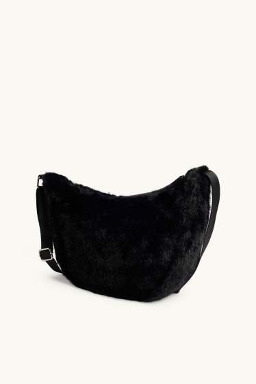 Women - Faux fur shoulder bag - black