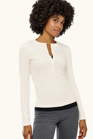 Femei - Tricou henley - slim fit - reiat - alb