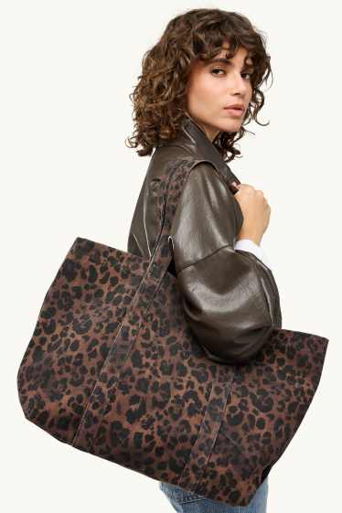 Donna - Shopper grande - stampa leopardata - marrone scuro
