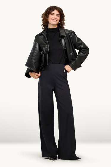 Femei - Pantaloni din jerseu - talie înaltă - wide leg - negru