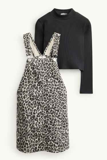 Kinder Mädchen - Set - Langarmshirt und Jeans-Latzkleid - 2 teilig - schwarz