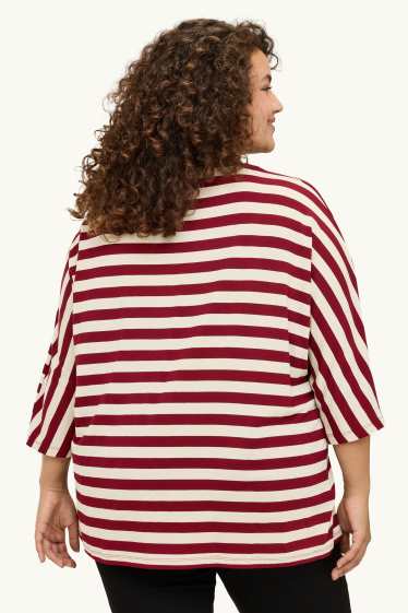 Dames - T-shirt - regular fit - gestreept - beige / bordeaux
