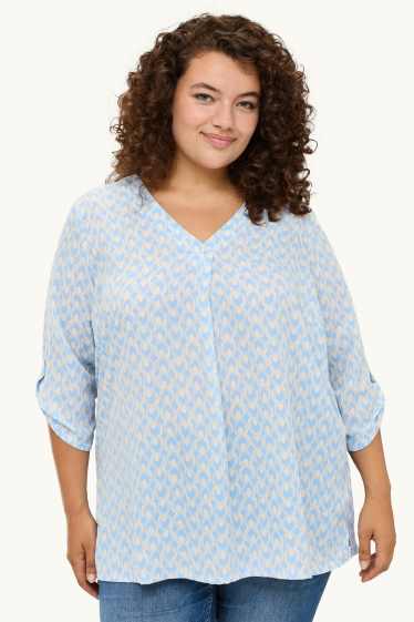 Dames - Blouse met V-hals - met patroon - wit / lichtblauw