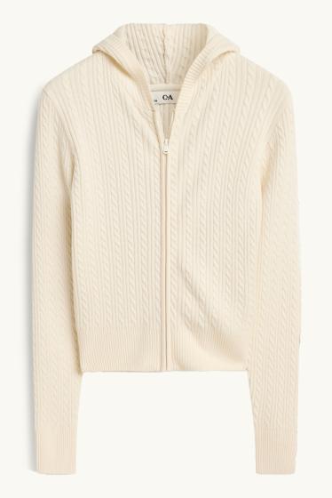 Bambine - Coordinato - cardigan e pantaloni di stoffa - 2 pezzi - motivo a treccia - crema