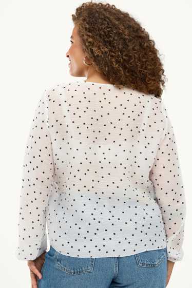 Women - Chiffon blouse with V-neck - polka dot - white / black
