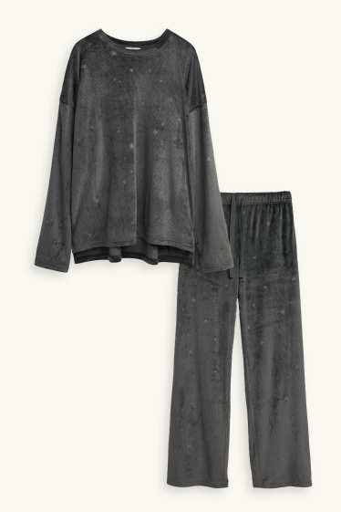 Dames - Winterpyjama - ribstof - met patroon - donkergrijs