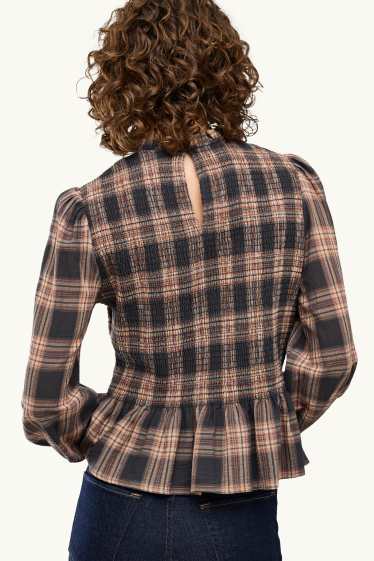 Women - Blouse - check - smocked - gray / brown