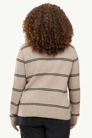 Damen - Pullover - gestreift - schwarz / beige