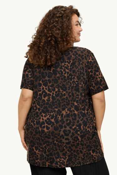 Dámské - Tričko - relaxed fit - s leopardím vzorem - tmavohnědá