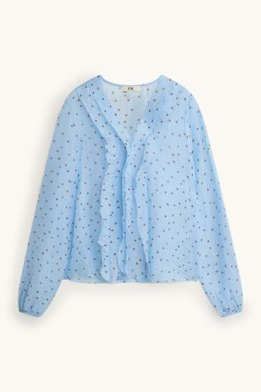 Women - Chiffon blouse with V-neck - polka dot - light blue