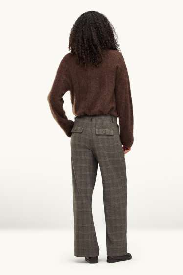 Dames - Pantalon - high waist - wide leg - geruit - bruin