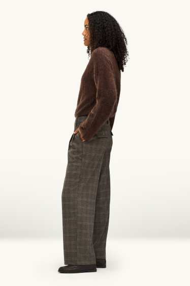 Dames - Pantalon - high waist - wide leg - geruit - bruin
