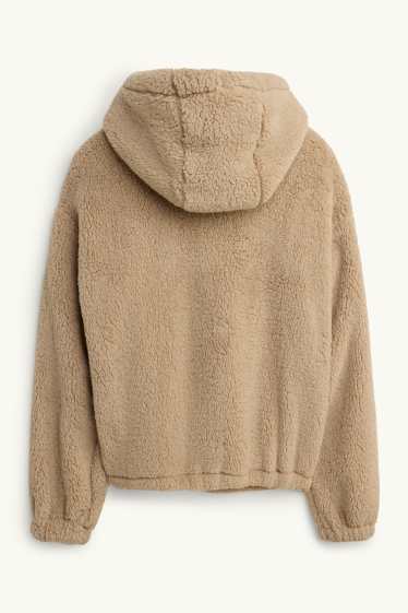 Femmes - Veste en peluche avec capuche - marron clair