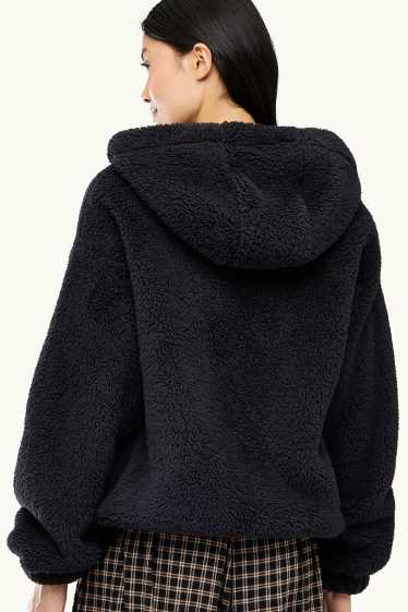 Women - Teddy fur jacket with hood - black
