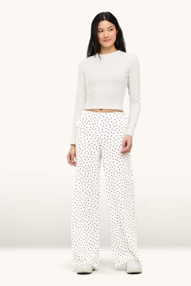 Femmes - Pantalon en toile - mid waist - palazzo - à pois - marron / blanc crème