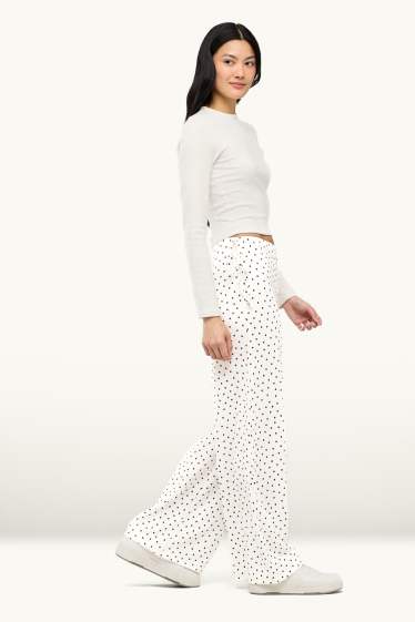 Femmes - Pantalon en toile - mid waist - palazzo - à pois - marron / blanc crème