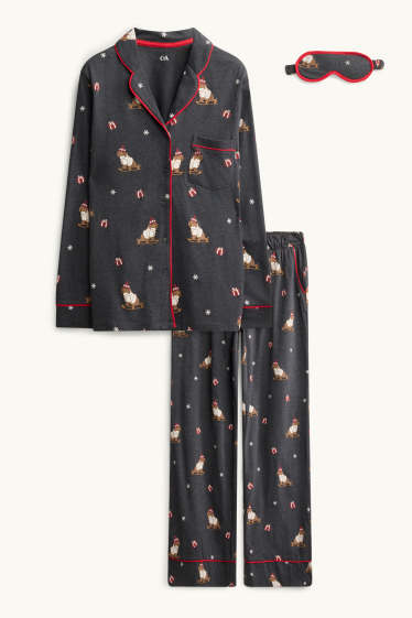 Dámské - Souprava - vánoční pyžamo a vánoční maska na spaní - 3dílná - šedá