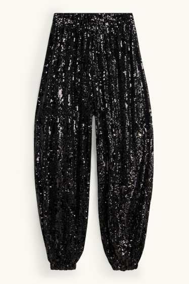 Dames - Paillettenbroek - high waist - balloon leg - zwart / zilver
