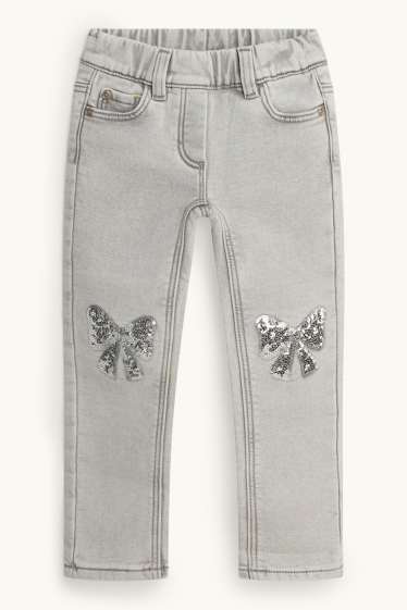 Kinder Mädchen - Schleife - Skinny Jeans - Thermojeans - Glanz-Effekt - helljeansgrau