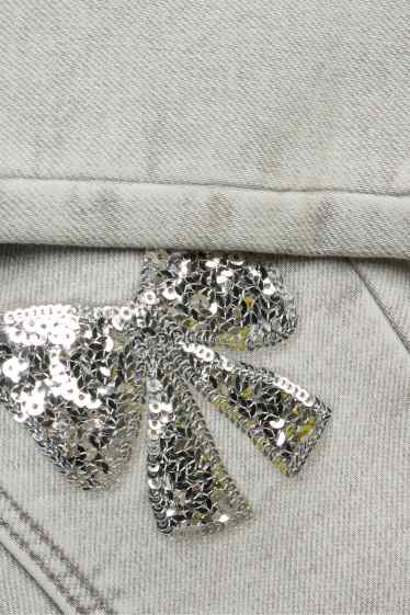 Kinder Mädchen - Schleife - Skinny Jeans - Thermojeans - Glanz-Effekt - helljeansgrau