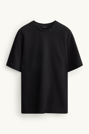Mężczyźni - T-shirt - relaxed fit - w prążki - czarny