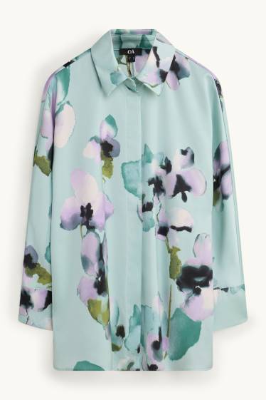Damen - Satin-Hemdbluse - geblümt - hellblau