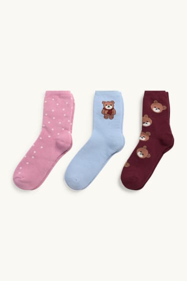 Enfants filles - Lot de 3 paires - ours en peluche - chaussettes à motif - rose / rouge foncé