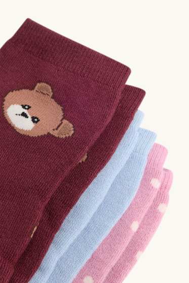 Enfants filles - Lot de 3 paires - ours en peluche - chaussettes à motif - rose / rouge foncé
