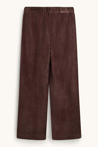 Femei - Pantaloni din catifea reiată - talie înaltă - wide leg - maro