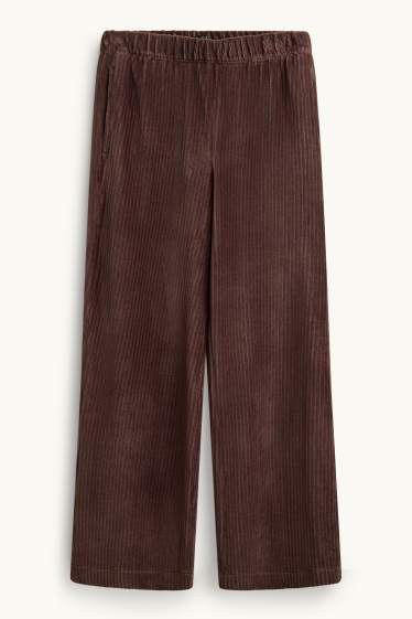 Femei - Pantaloni din catifea reiată - talie înaltă - wide leg - maro
