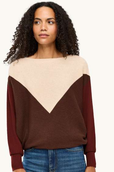 Damen - Pullover - gerippt - beige / braun