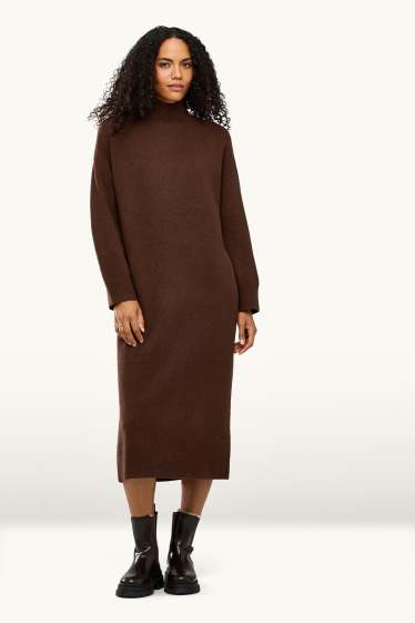 Women - Knitted dress with band collar - straight fit - dark brown