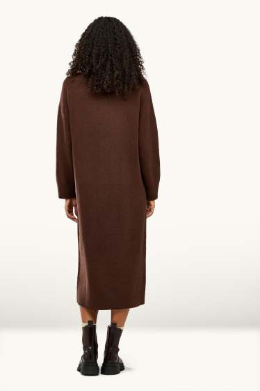 Women - Knitted dress with band collar - straight fit - dark brown