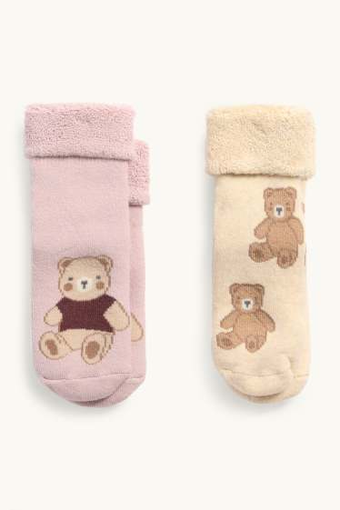 Neonati - Confezione da 2 - orsacchiotto - calze antiscivolo con motivo per neonati - rosa / beige