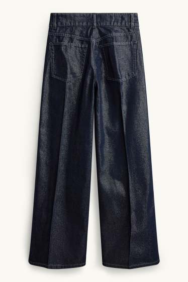 Women - Wide leg jeans - mid-rise waist - shiny - dark blue