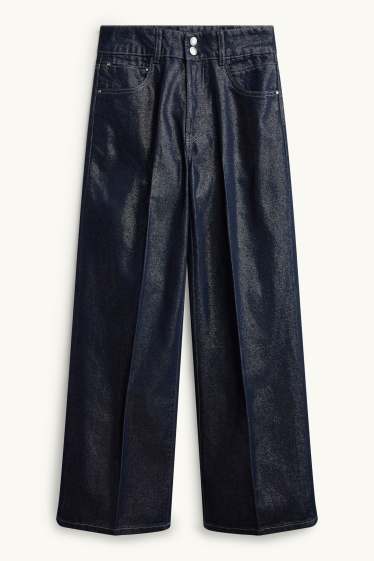 Women - Wide leg jeans - mid-rise waist - shiny - dark blue