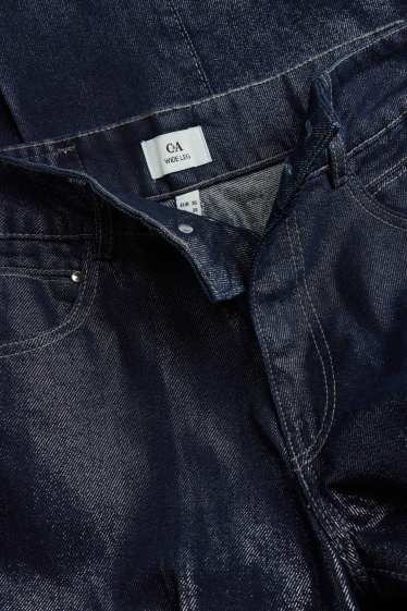Women - Wide leg jeans - mid-rise waist - shiny - dark blue