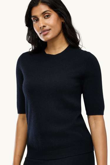 Damen - Kaschmir-Strickpullover - kurzarm - schwarz