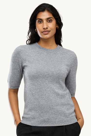 Damen - Kaschmir-Strickpullover - kurzarm - grau-melange